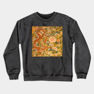 DRAGON AMONG PEONIES ,FLOWERS .GREEN LEAVES Floral Chinese Embroidery in Gold Yellow Crewneck Sweatshirt